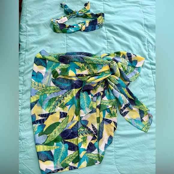Aerie swim coverup and headband tropical print sarong leaf blue green - Picture 1 of 5